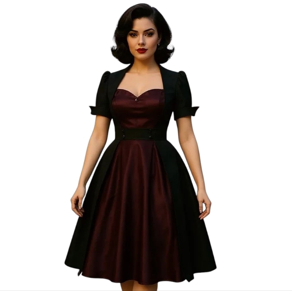 Swing Dance Satin Short Sleeve Pin Up Dress - Picture 1 of 10